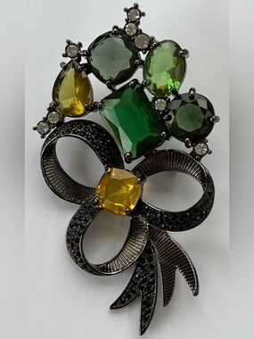 Vintage Avon 4"+ Bow Brooch Pin Gunmetal Rhinestone Multicolor